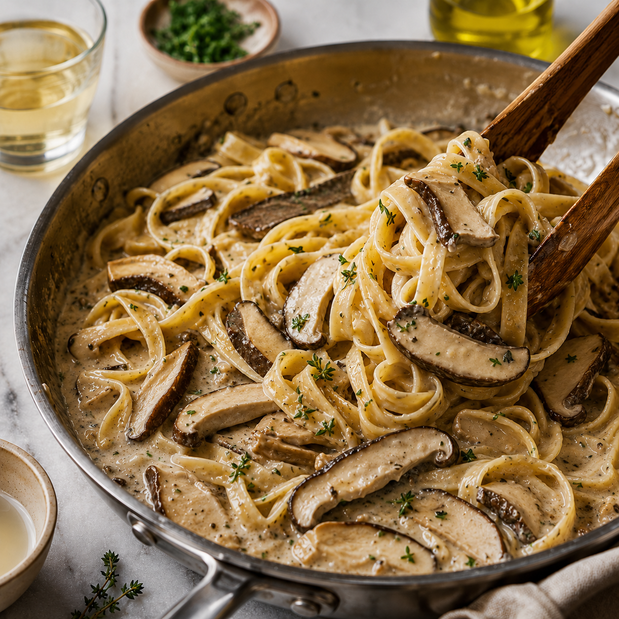 Tagliatelle pasta with rehydrated porcini mushrooms in a creamy herb sauce