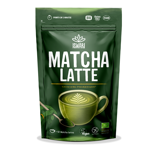 Organic matcha latte in a pouched bag – Original green package with a cup of matcha latte in the center.
