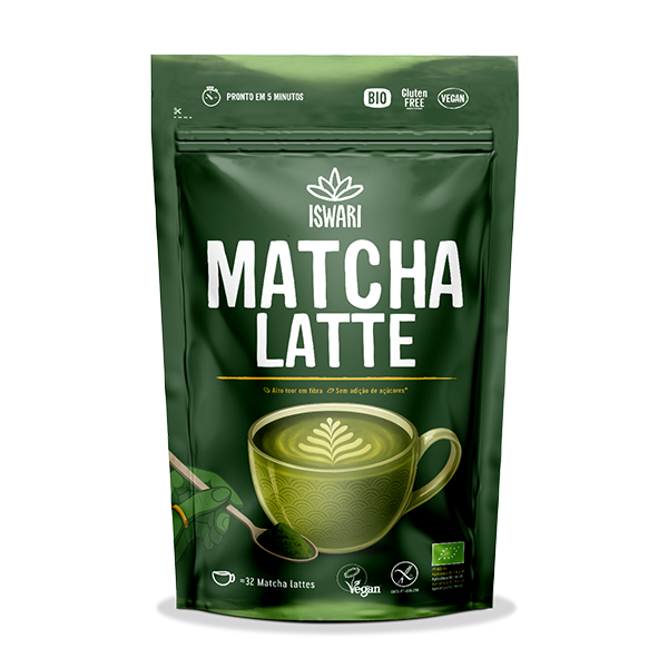 Organic matcha latte in a pouched bag – Original green package with a cup of matcha latte in the center.