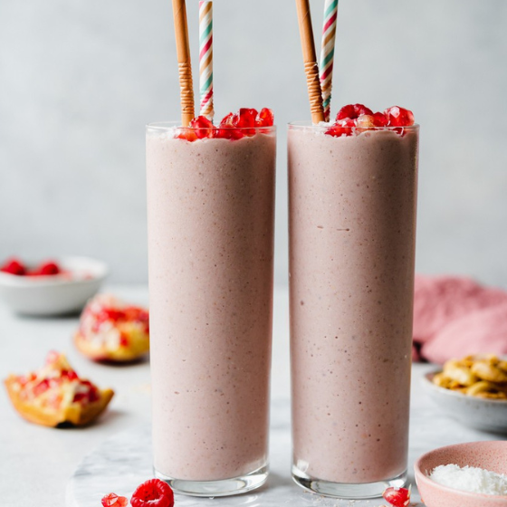 Vegan oat and buckwheat breakfast with raspberry and peanut butter. The Bio Foods breakfast.