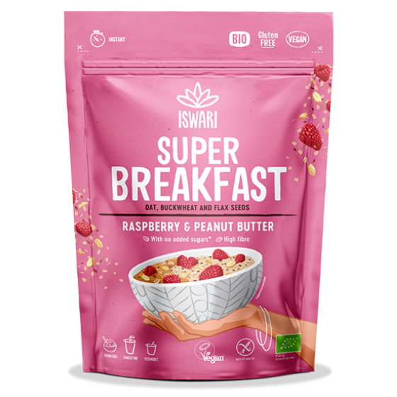 Vegan oat and buckwheat breakfast with raspberry and peanut butte