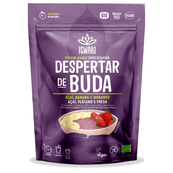 Healthy instant gluten-free porridge mix – acai, banana, strawberry, buckwheat, and flax seeds.