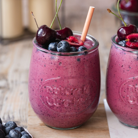 Healthy instant gluten-free smoothy mix – acai, banana, strawberry, buckwheat, and flax seeds.