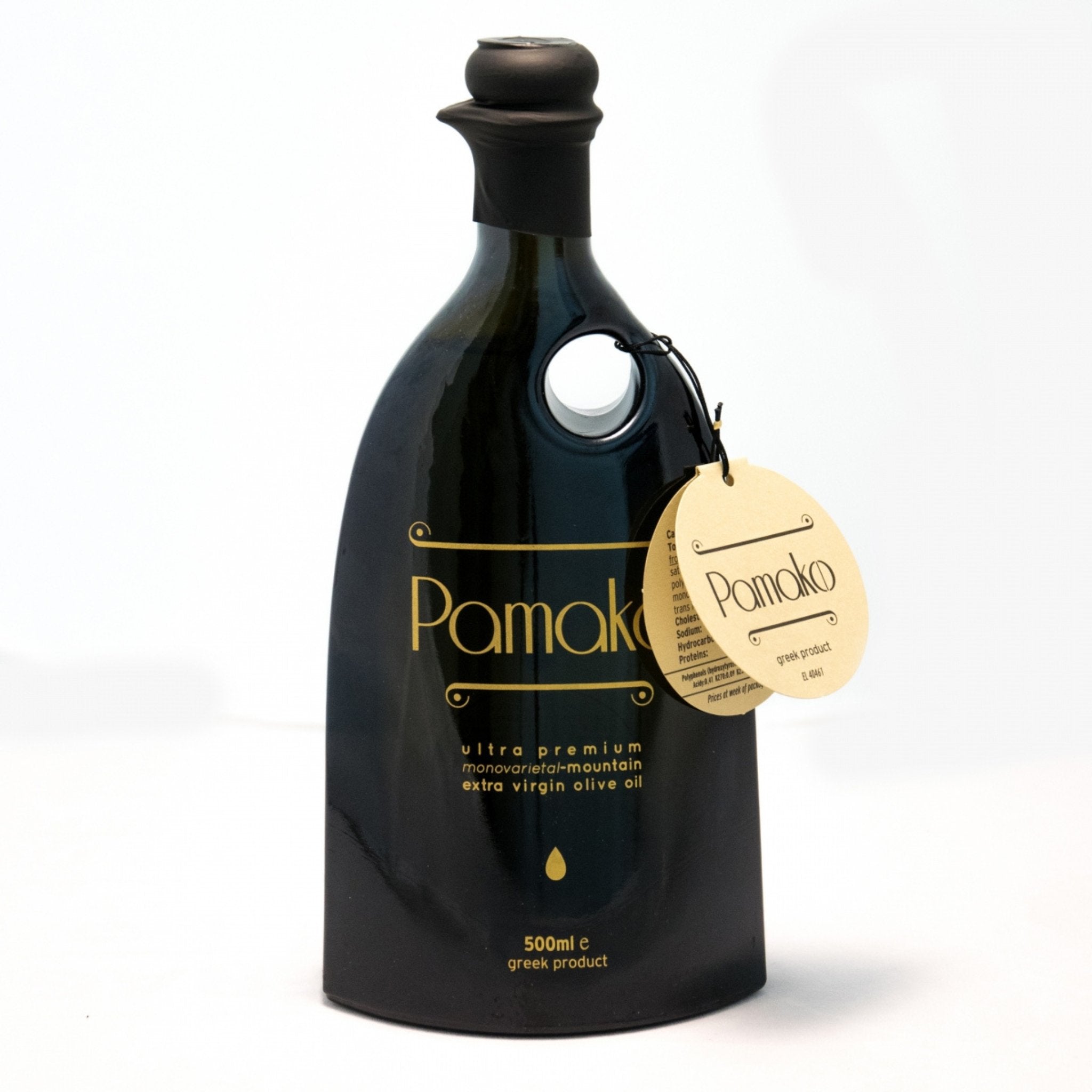 Organic EVOO | Murano glass black bottle of Pamako Monovarietal olive oil