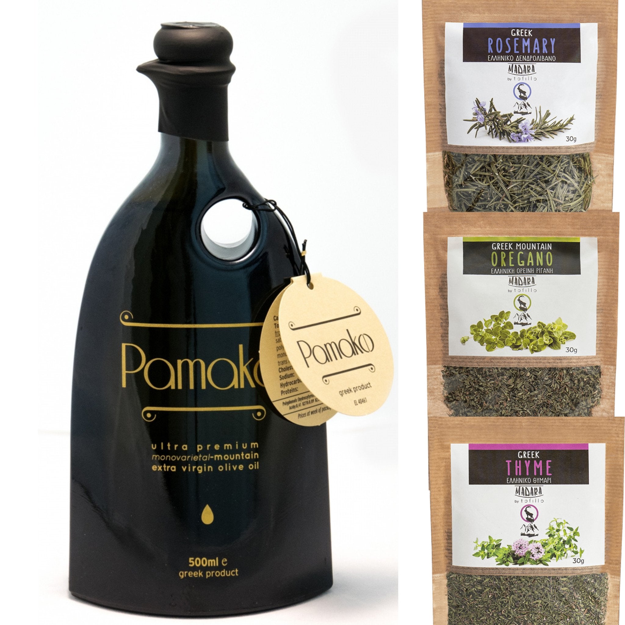 Organic premium elegant bottle of Pamako EVOO with 3 different spices from Crete. Certified Organic and great taste award.