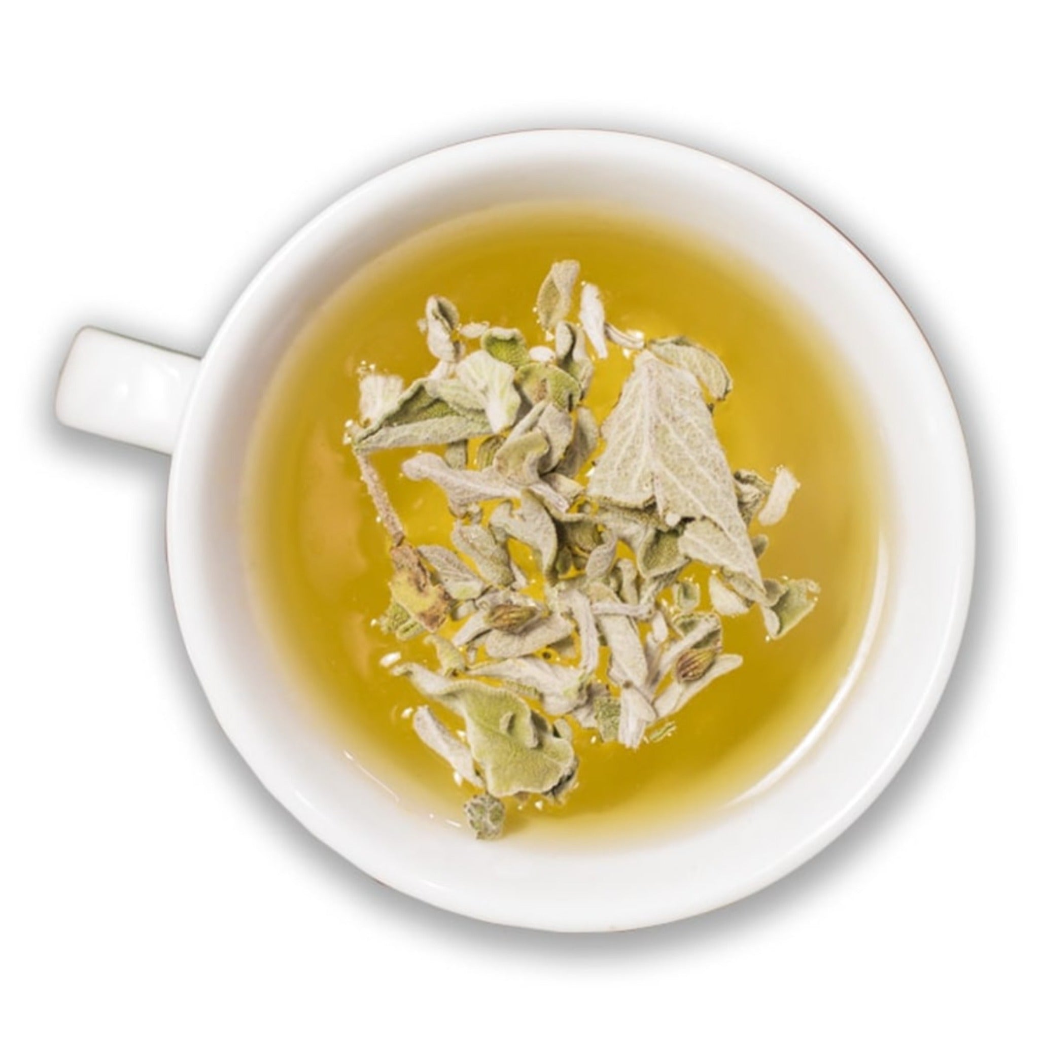 A cup of organic sage tea (with sage leaves).
