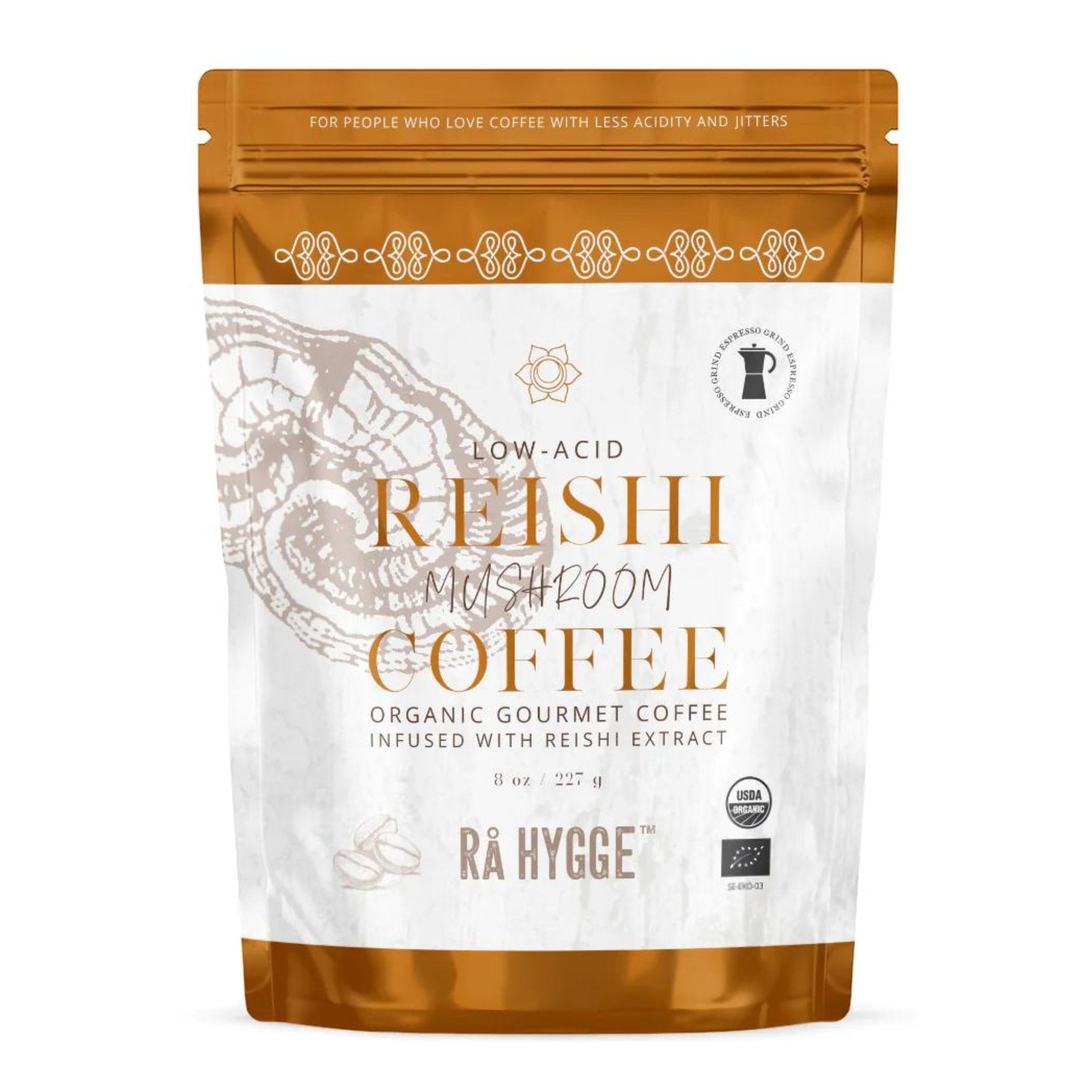 Organic Reishi coffee with earthy aroma. Coffee blend promoting calm energy.